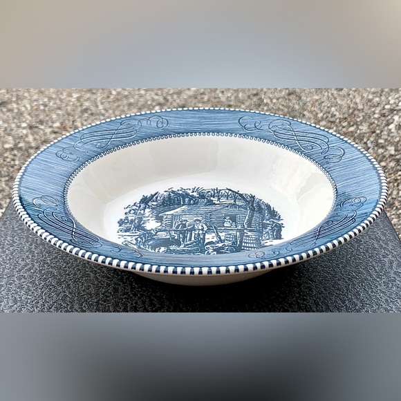 Royal China CURRIER & IVES Blue Scroll MAPLE SUGARING Rimmmed 9” Vegetable Bowl - Picture 7 of 16